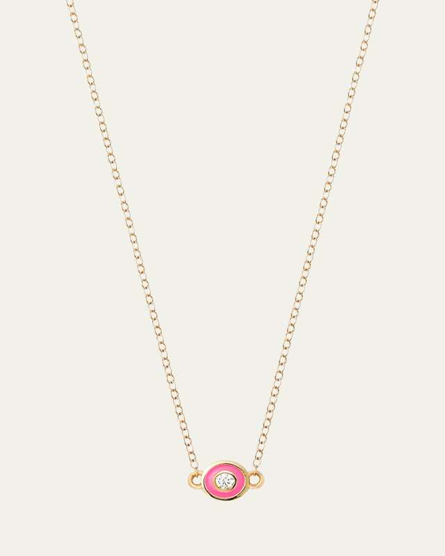 14K Yellow Gold Single Bezel Necklace with White Diamond and Pink Enamel